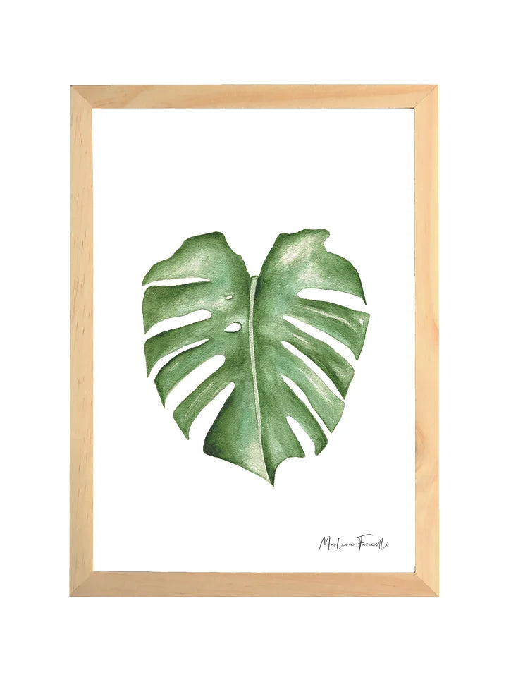 Créez un univers naturel avec une feuille de Monstera délicatement réalisée à l'aquarelle sur un fond blanc. Impression sur papier texturé 250 grammes. Format A3 - 30x40 cm  Livrée dans un cadre en bois brut à poser ou à accrocher, vitre de protection en plexiglass. Ajoutez une touche de nature à votre intérieur avec  Les Aquarelles de Marlène, une artiste provençale